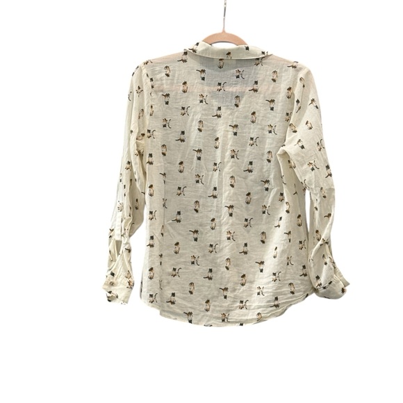 Fervour Cat print 100% Cotton Cream Button-Up Blouse size Medium - Picture 2 of 6
